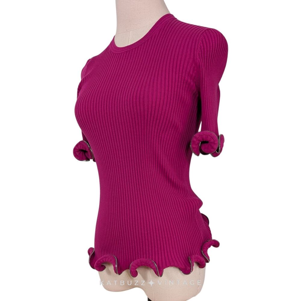 Alexander Wang Sweater Top M Pink Zipper Ruffle Ribbed Knit Short Sleeve Glam - Picture 6 of 13